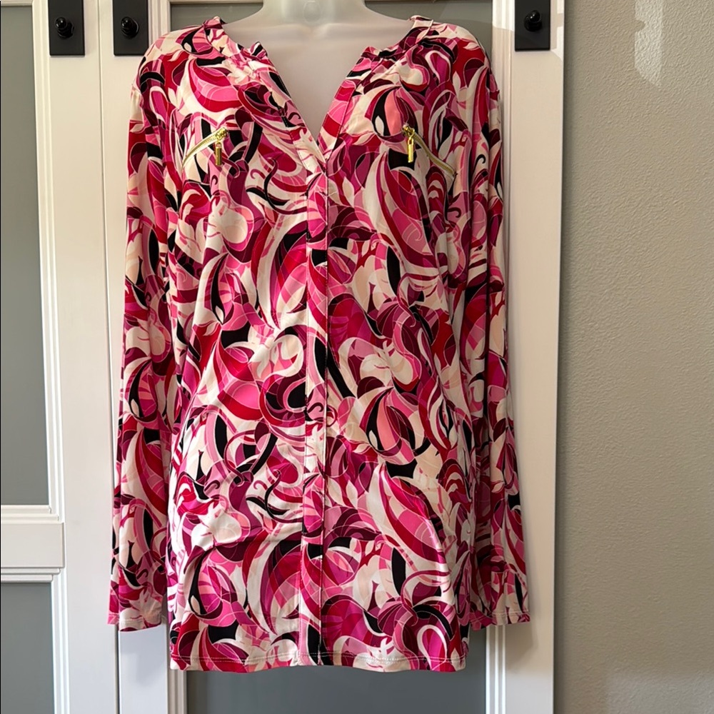 INC International Concepts Pink and Red Graphic Long Sleeve Blouse